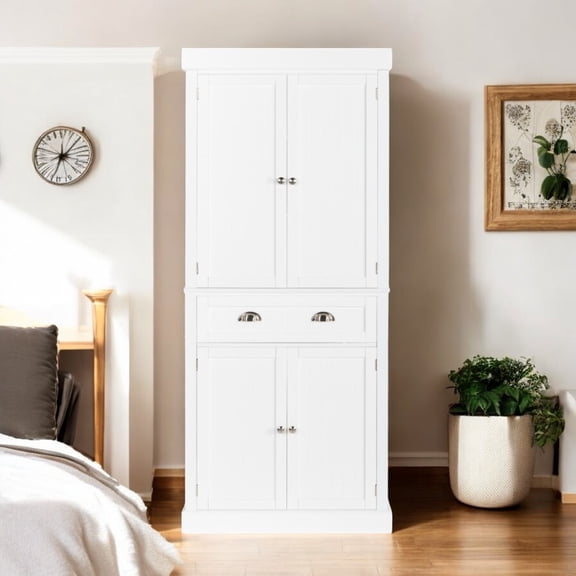 IVV Kitchen Pantry Storage Cabinet with 4 Doors, 4 Adjustable Shelves, 1 Drawer, Freestanding Wood Cupboard for Dining Room, Living Room, Laundry, 29.92"L x 15.75"W x 71.65"H, White