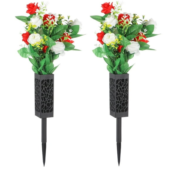 2 Sets Artificial Cemetery Flowers, Memorial Flowers, Beautiful Arrangements for Headstones, Black Plastic Vase Base with Drainage Holes Long Spikes for Outdoor Memorials