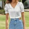 thumbnail image 2 of Womens Casual Tops Satin V Neck Button Up Short Sleeve Ruffle Womens Clothing,White,S, 2 of 5