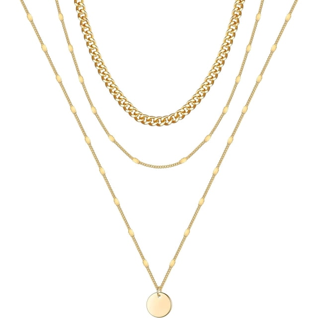 Collares en capas de oro para mujer, chapados en oro de 14 quilates, perlas de barra de revestimiento múltiple, disco, luna, mariposa, medallón, gargantilla ajustable en capas delicadas