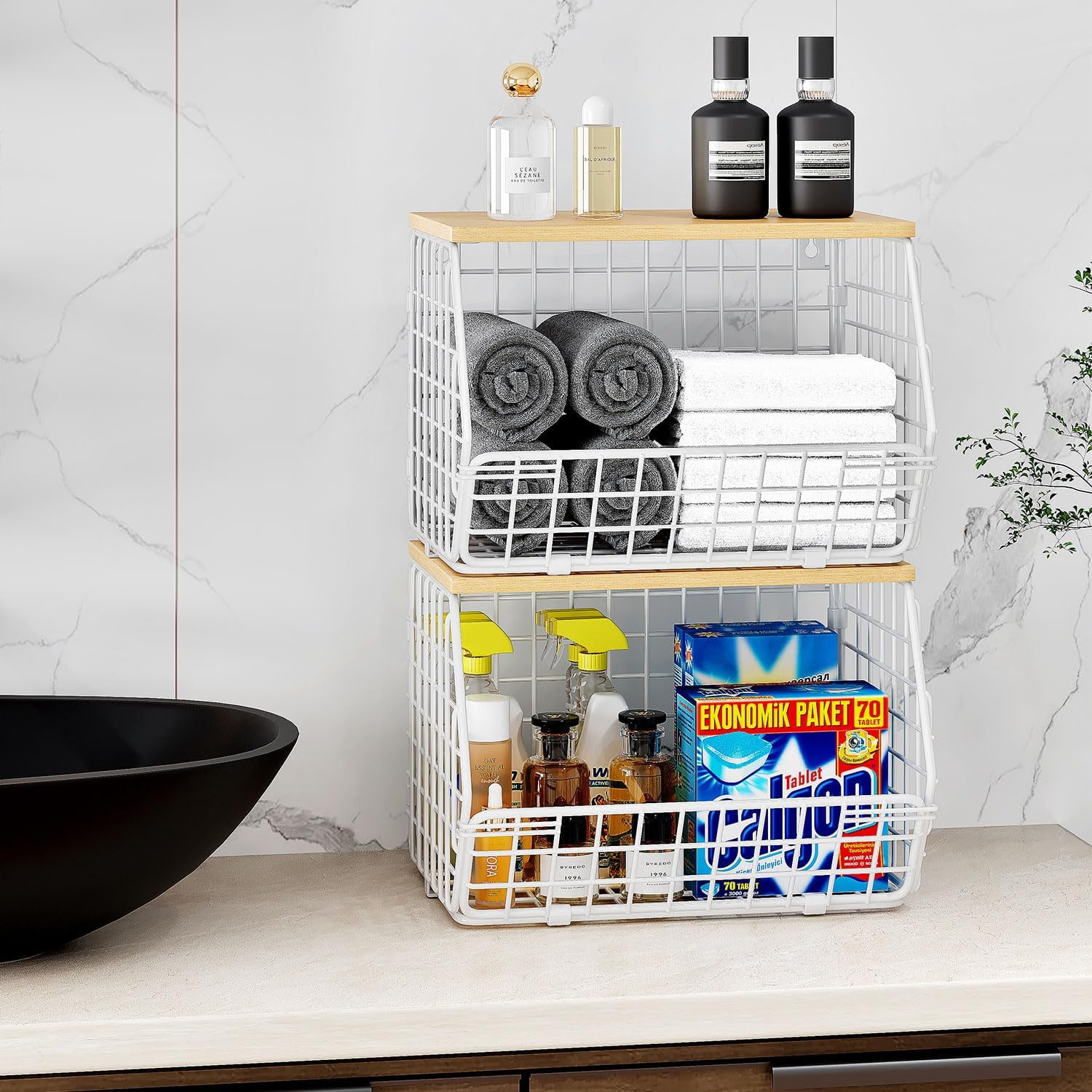 Wetheny 2pcs Wall Mounted Wire Basket Fruit Basket with Wood Top - Kitchen Pantry Organization and Storage, Stackable Tiered Hanging Baskets for Fruits, Onion, Potato, Produce, Vegetable,Storage