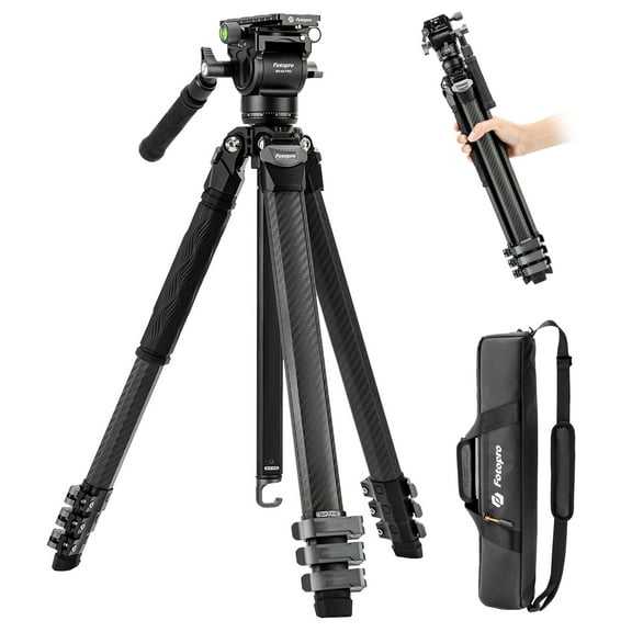 Fotopro Origin Plus Video Tripod, 60" Carbon Fiber Camera Tripod for Travel, Fluid Video Head, Flip Lock, Black