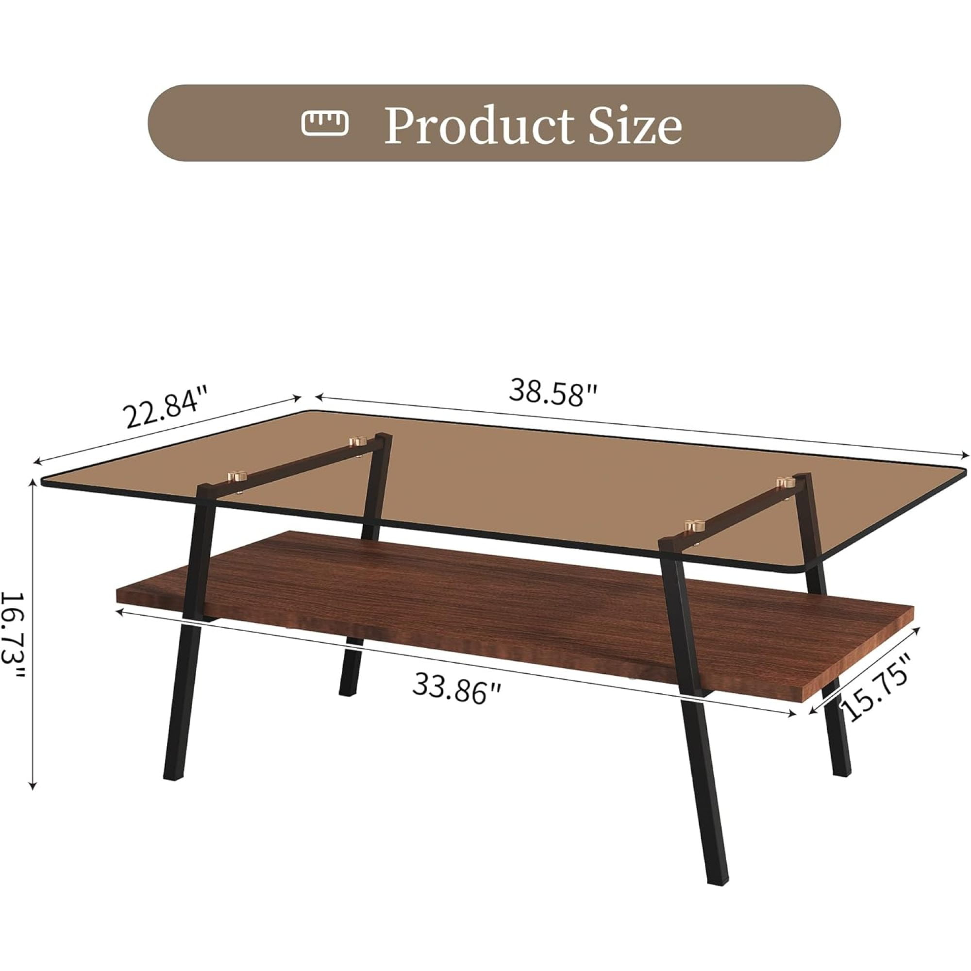 BJSN Glass Coffee Table for Living Room Small Gold Mid Century Coffee Table for Living Room with Wood Shelves (Black Frame, Transparent Glass   Brown Wood),Brown Glass   Brown Wood