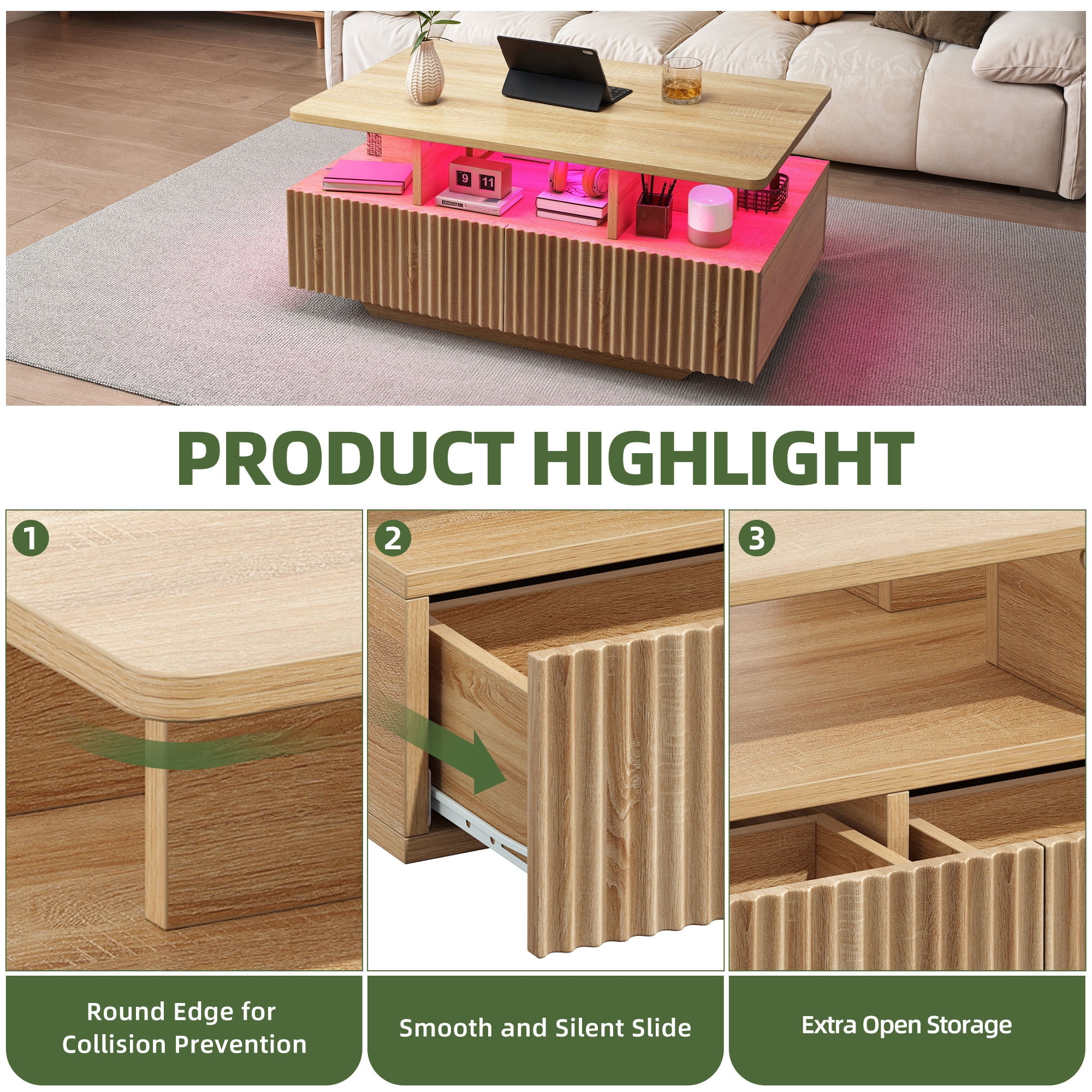 Uforic Fluted LED Coffee Table, Modern Center Tables with Storage for Living Room, Oak