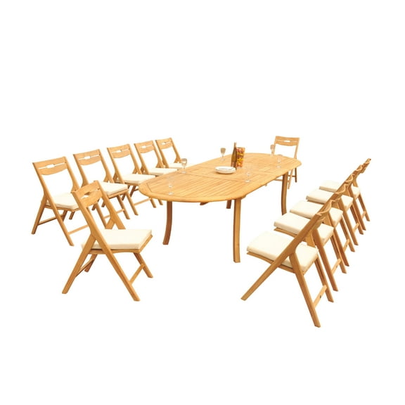 Grade-A Teak Dining Set: 12 Seater 13 Pc: 118" Oval Table And 12 Surfliner Folding Reclining Arm Chairs Outdoor Patio WholesaleTeak #51SL2613