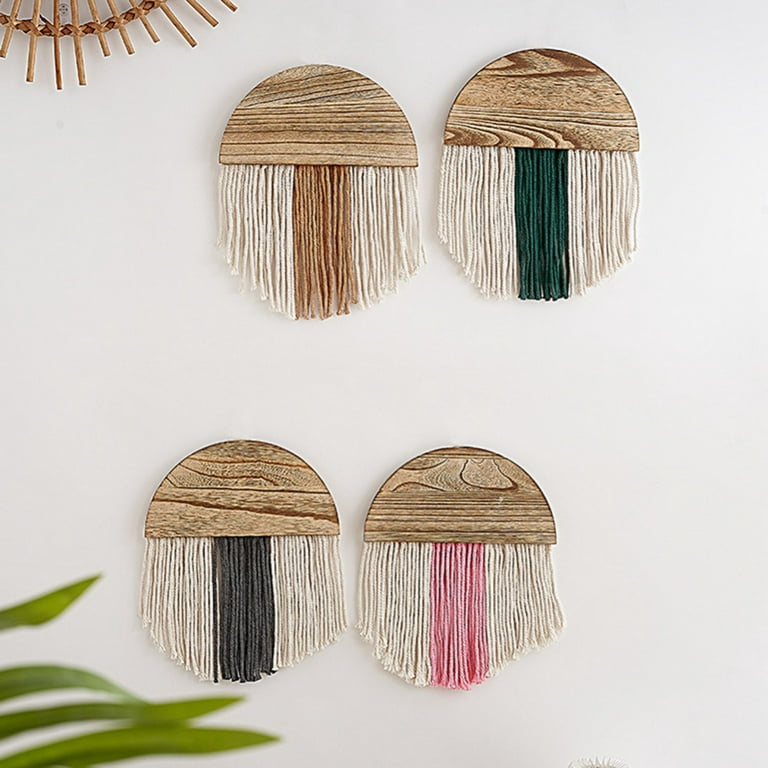12 Inch Round Boho Small Macrame Wall Hanging Decor with Natural Wood and  White Beige Green Yarn Half Moon Wall Art in a Bohemian Chic Style, Set of 4