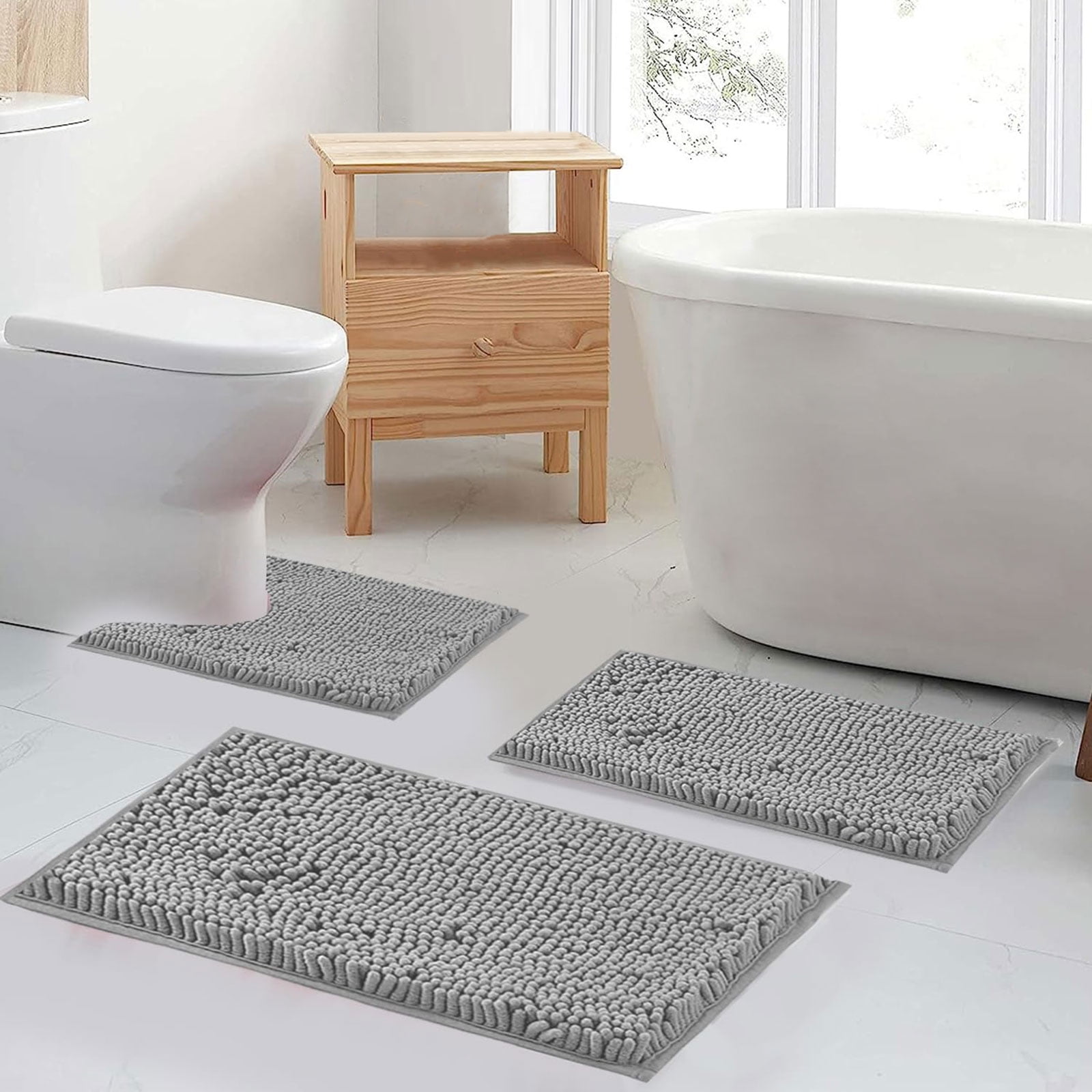 Hengbo 3 Pcs Chenille Bathroom Rug Sets Shaggy Bathroom Mat Set Carpet Extra Thick Soft Absorbent Soft Non Slip Machine Wash Light Gray