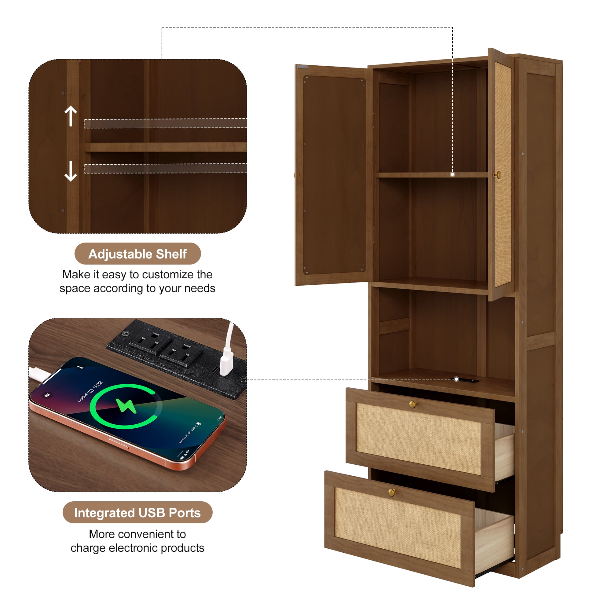 Euroco 2 Doors Bookshelf with USB Port and 3 Drawers Side Cabinet Storage Shelves, Walnut