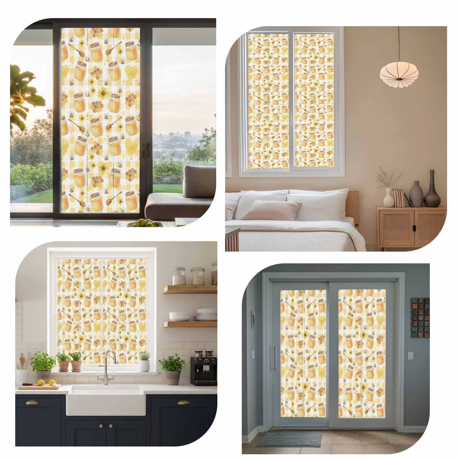 Honey and Honeycomb Window Privacy Film, Yellow Theme Bee Sunflower Buffalo Plaid Frosted Glass Window Clings Static Cling UV Heat Blocking Reusable Door Sticker for Bathroom 23.6 x 59 Inch