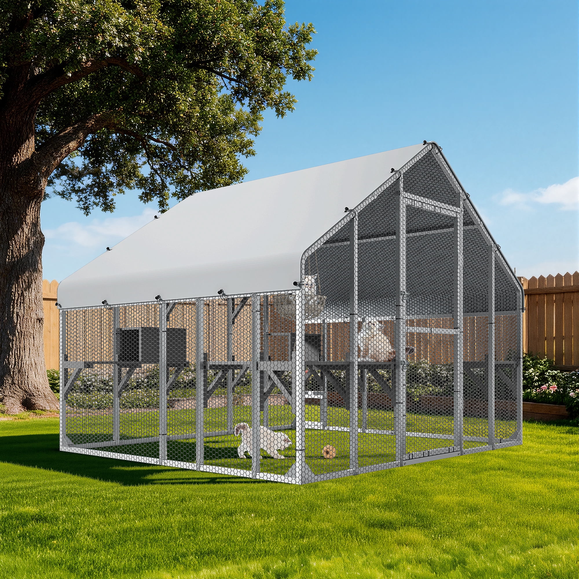 Uforic 94 Inch Outdoor Cat Enclosure, Extra Large Metal Catio for Multiple Cats, Weatherproof Roof Cat Cage with 7 Platforms, 2 Resting Boxes & Cat Hammock Bed, Sliver