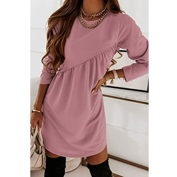 Ruffle Loose Mini Dress, Casual Soft Solid Color Long Sleeve Dress Polyester Breathable Stylish Pleated For Woman For Outdoor ANGGREK IB1711
