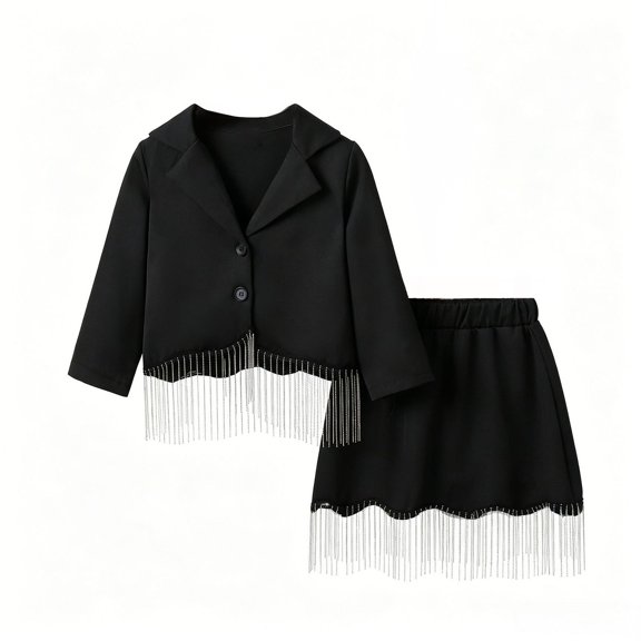 Bobifish Toddler Girls Outfit Sets Two Piece Irregular Hem Outdoor Sets With Fringe Skirt&Long Sleeve Top Children Girls Sets