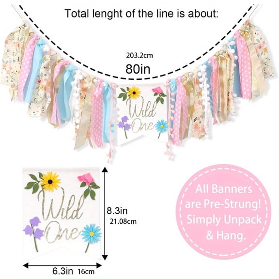 1 Wild One Floral Highchair Banner with Bunting Garland, Durable, Suitable for Birthday Party, Wildflower Party, Ideal Pink Blue Chartreuse Shower Party Decoration, Easy to Hang, Party Backdrop