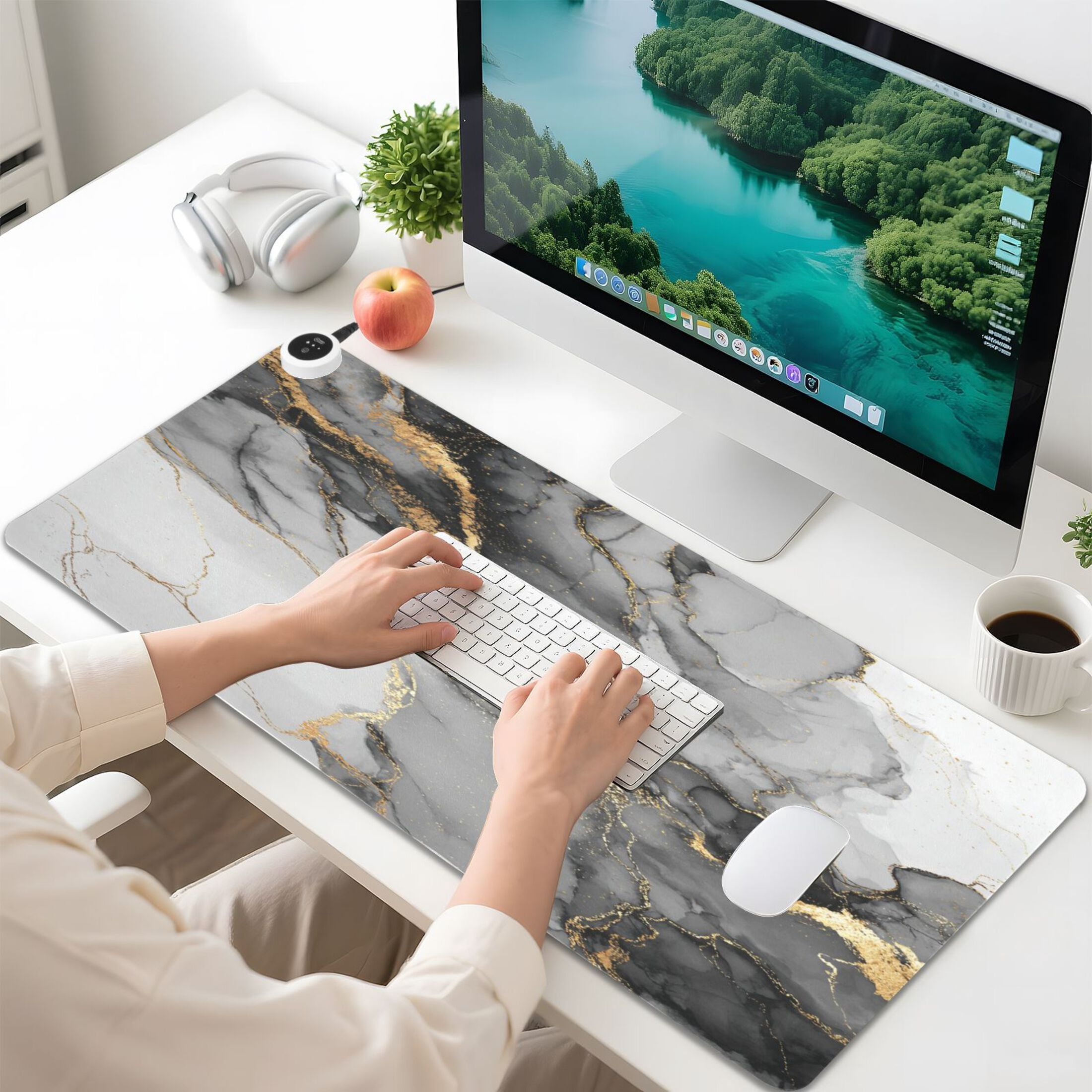 Large Heated Desk Mat Mouse Pad 31.5"x13"PU Leather Graphene Heating Desk Warmer with 3 Temperature Settings 110V US Plug Non-Slip Warm Pad for Home, Office, and Gaming Premium Fluid Art Background