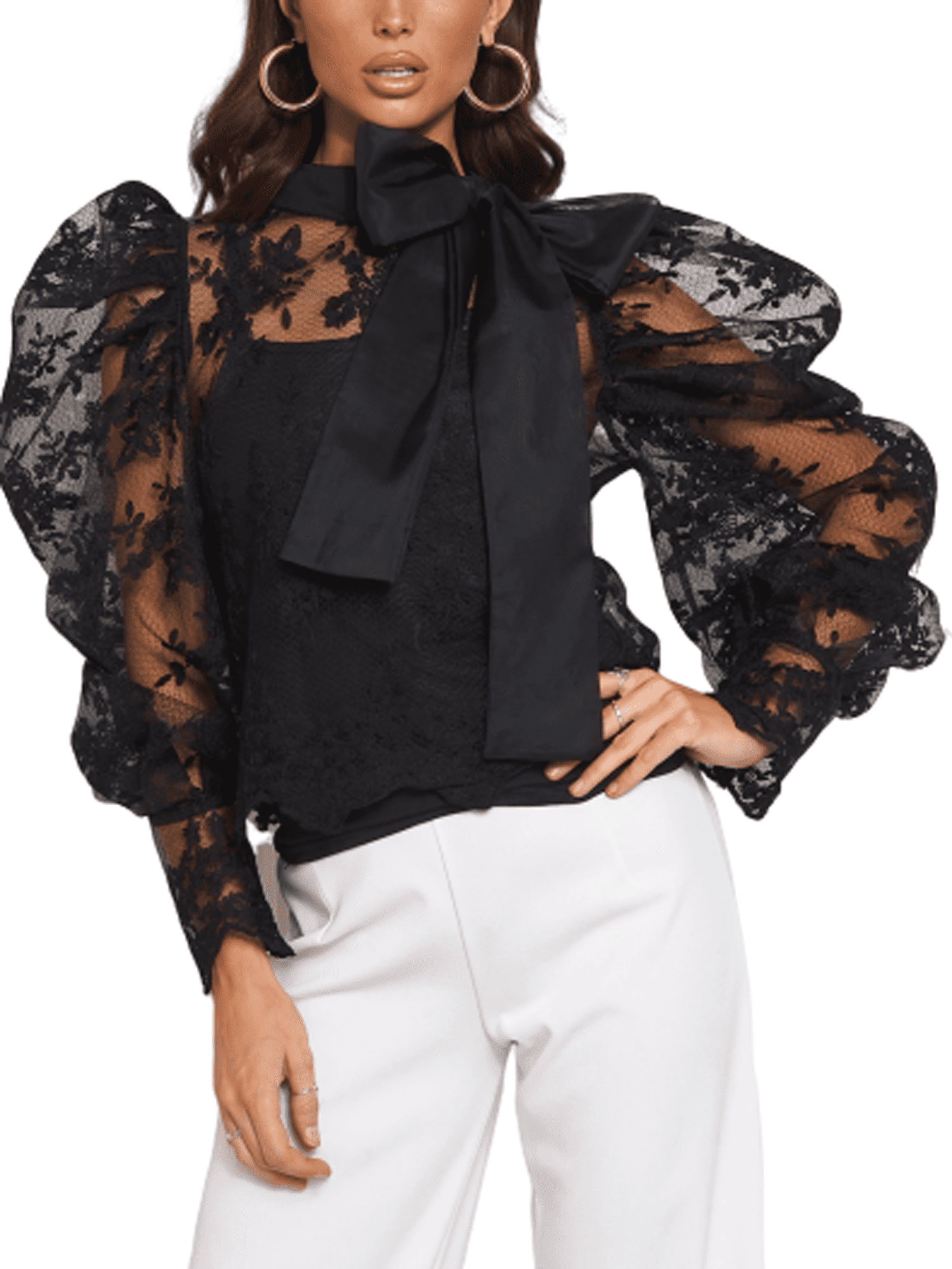 Eyicmarn - Women Bow Tie Neck Lace Floral Mesh Sheer See-through Top