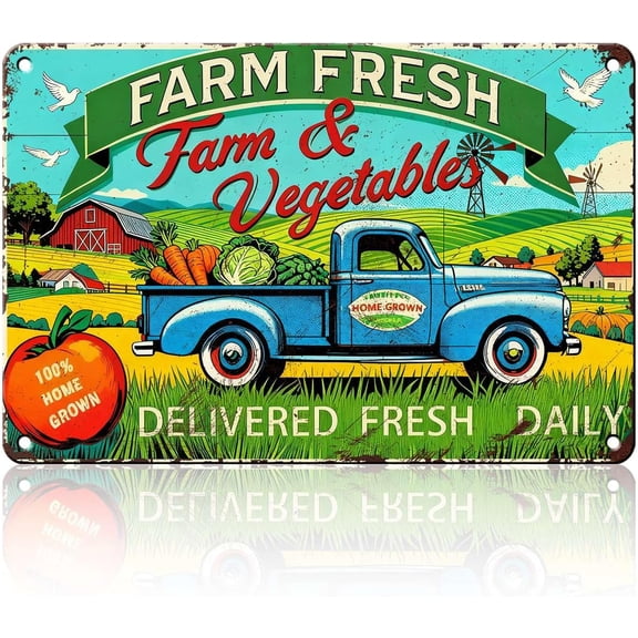 Vintage Farmhouse Metal Tin Sign, Farm Fresh Fruits and Vegetables Wall Decor, Rustic Retro Kitchen Bar Garage Garden, 8 x 12 Inch