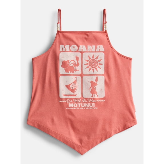 Disney Moana Girl's Graphic Handkerchief Hem Tank Top with Wooden Bead Embellishments, Sizes 4-16