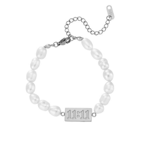 PAURO Women's Stainless Steel 11 11 Bracelets Dainty Angel Number Simulated Pearl Bead Bracelet Silver