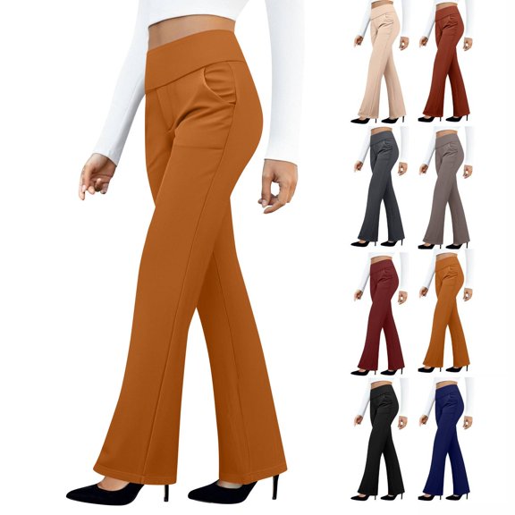 Womens Dress Pants High Waist Stretchy Pull On Work Trouser Business Casual Office Slack with Pockets Bootcut Flare Leg Ginger S