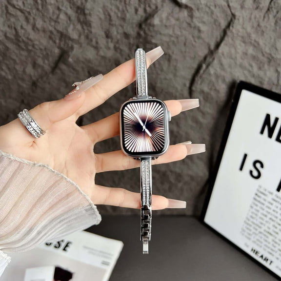 Bling Band for iWatch Series 10 9 8 7 6 5 4 SE 3 2 1 42/44/45/46mm, Double-Row Diamond Replacement Strap Metal Wristband Bracelet with Adjuster Tool for Apple Watch Ultra 49mm, Silver