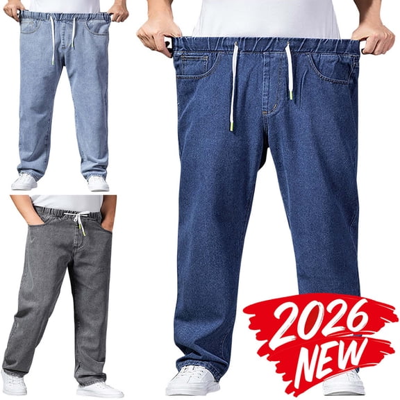 MELDVDIB Mens Jeans Pant Baggy Drawstring Elastic Waisted Wide Leg Pants Casual Solid Color Stretch Comfy Lounge Trousers with Pockets Blue XL