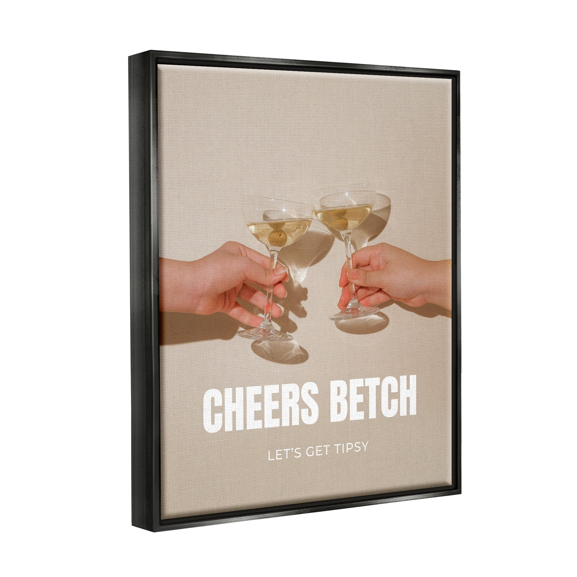 Stupell Industries Cheers Betch Wine Glasses Food & Beverage Painting Black Floater Framed Canvas Art Print Wall Art, 17 x 21