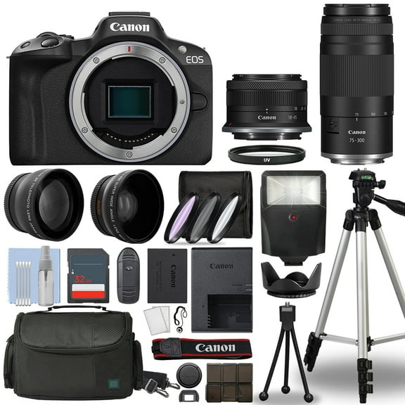 Canon EOS R50 Mirrorless Camera Black 4 Lens 18-45   75-300mm 32GB Top Value Kit - International Version