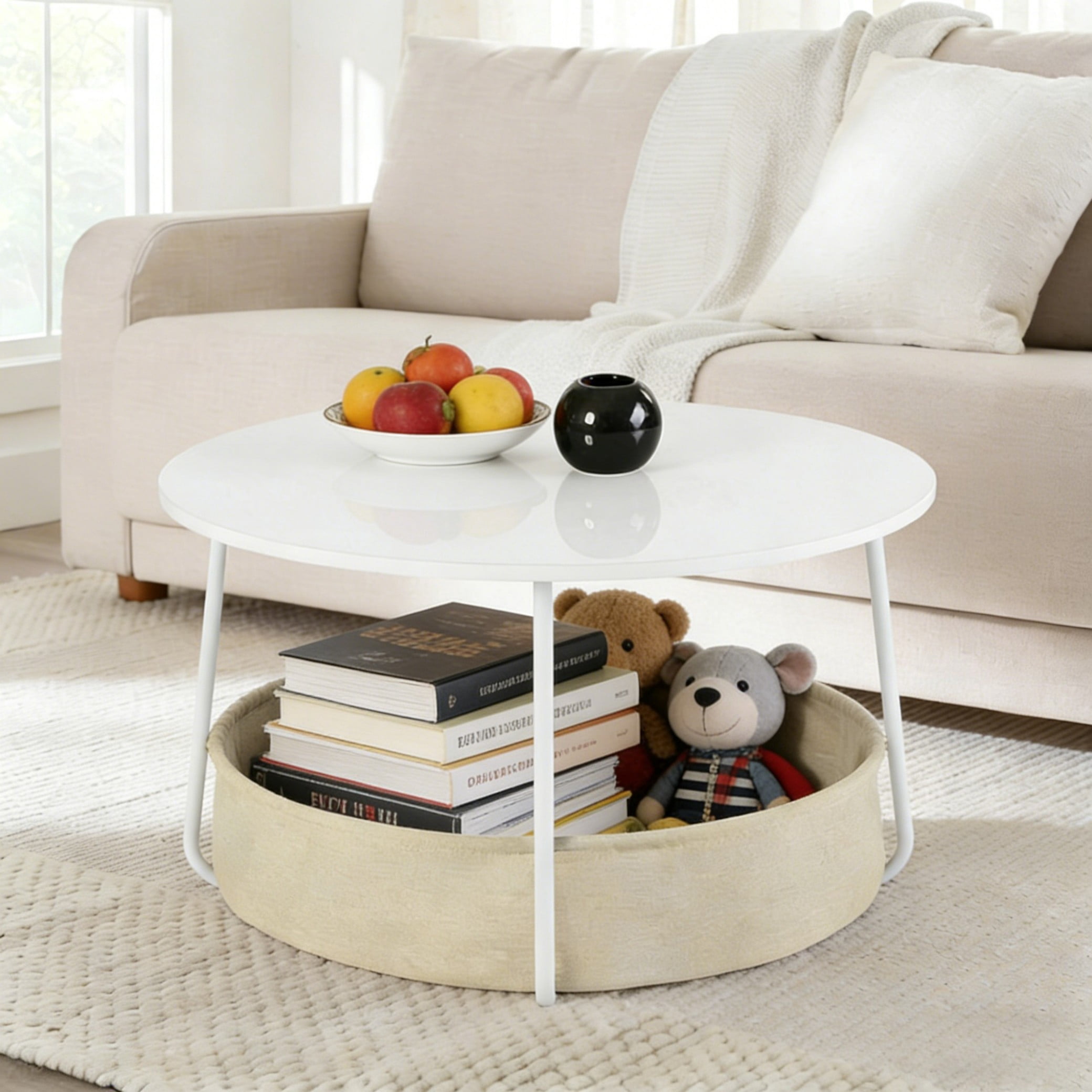 BSHTI 30" Round Coffee Table with Fabric Storage Basket – Space-Saving End Table for Living Room, Bedside Nightstand, Matte White & Beige