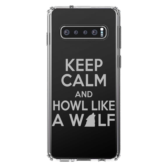 DistinctInk Clear Shockproof Hybrid Case for Samsung Galaxy S10 (6.1" Screen) - TPU Bumper Acrylic Back Tempered Glass Screen Protector - Keep Calm Howl Like a Wolf