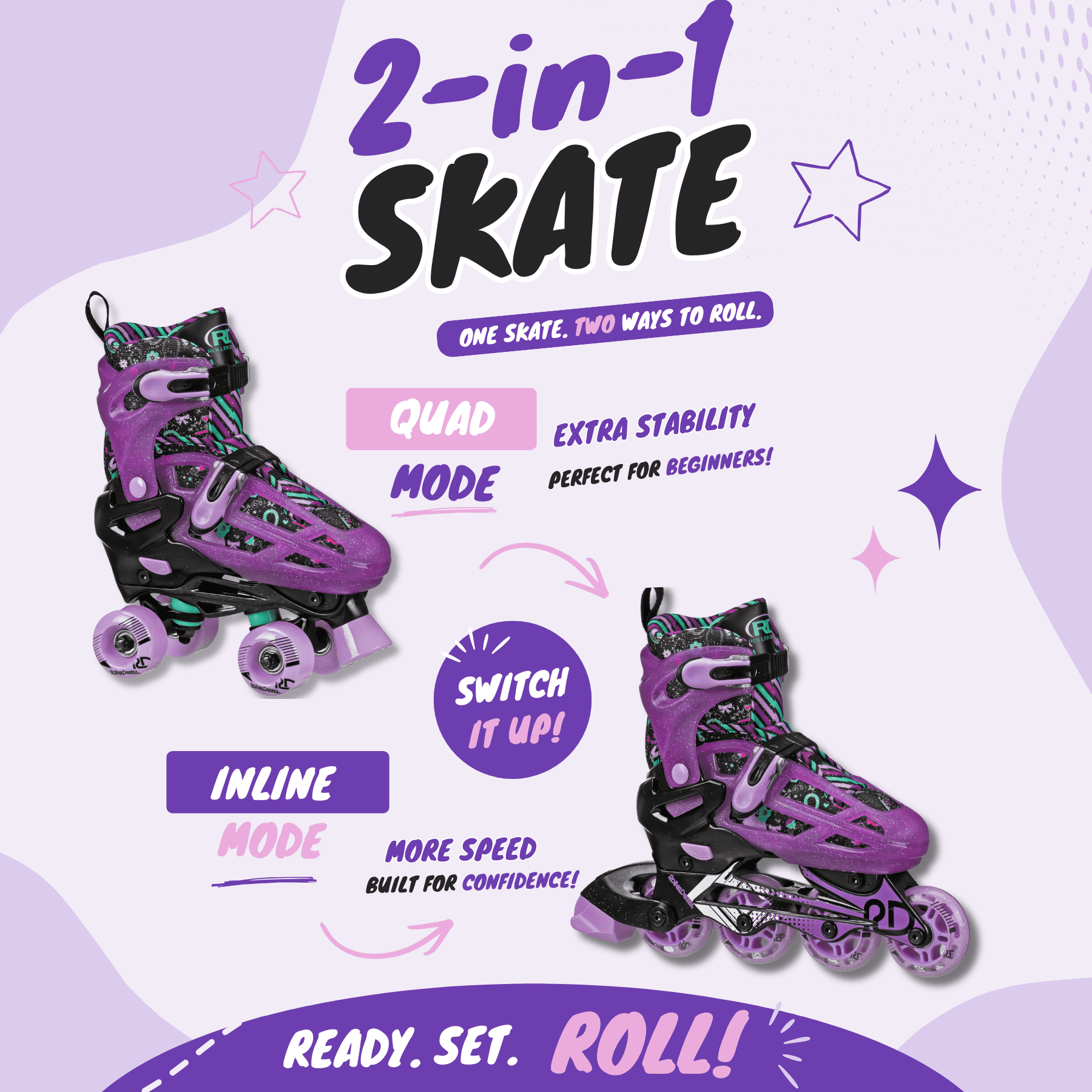 Roller Derby Falcon 2-in-1 Combo Adjustable Quad and Inline Skates, Black/Purple, Small
