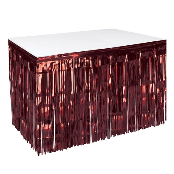 Beistle 1-Ply Metallic Plastic Foil Fringe Table Skirt Parade Floats, Mardi Gras Party, Birthday Decorations, Baby Shower Celebration, Wedding Reception, 30" x 14', Burgundy