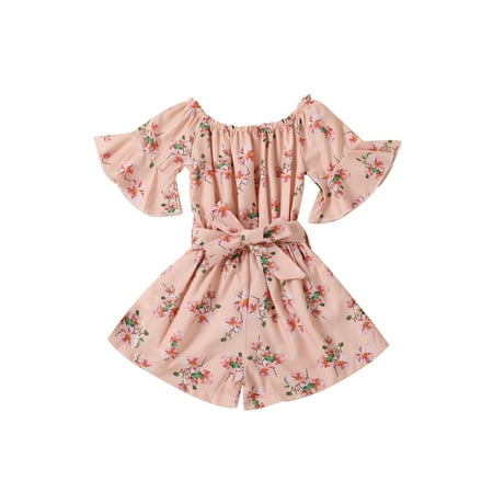 

Canrulo Summer Kids Girls Jumpsuits Outfits Flowers Printed Off Shoulder Flare Sleeve Playsuit With Belt Light Pink 2-3 Years