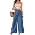 thumbnail image 3 of Women Linen Palazzo Pants Summer Boho Wide Leg High Waist Casual Lounge Pant Travel Vacation Outfits Denim Blue M, 3 of 9