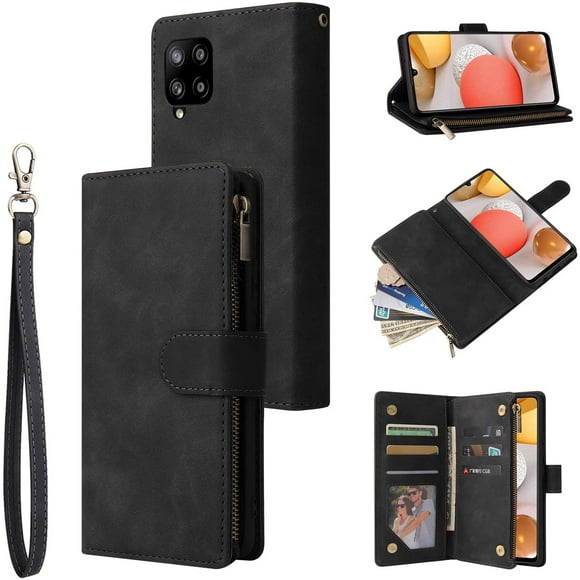 UEEBAI Wallet Case for Samsung Galaxy A21S, Premium Vintage PU Leather Magnetic Closure Handbag Zipper Pocket Case