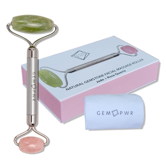 GEM PWR Cuarzo Rosa + Rodillo de Jade para Masaje de Cara y Cuello Piedras Preciosas Dobles con Mango de Acero Duradero y Bolsa de Viaje. Minimiza las arrugas, reduce la hinchazón y restaura la elasti