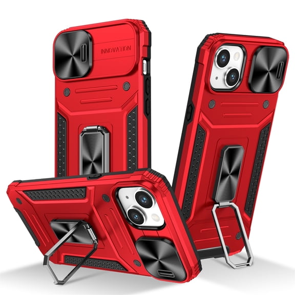 SaniMore for iPhone 12 Stand Case, Slide Camera Cover 360 Degree Rotating Kickstand Magnetic Car Mount Hybird Tri-layer Rugged Shell Military-grade Shockproof Anti-drop Cover, Red