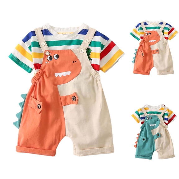 RTKFRFLM Children's Casual Overall Set, Short Sleeve Tee and Suspender Shorts Outfit, 1-6Y