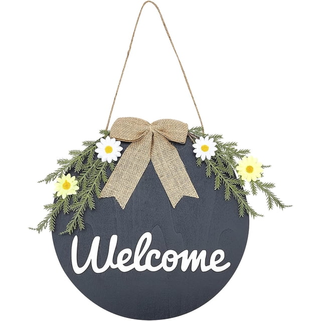 Welcome Sign Natural Wood Door Hanging Decoration for Front Door Decoration with Hemp Rope Flat Round with Bowknot Black 52cm