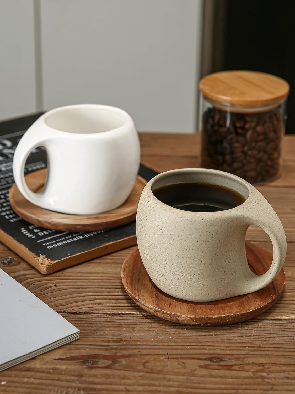 6 Oz Coffee Cup Mug Espresso Cups Set, Ceramic Cup with Natural Acacia Wood Saucer for Espresso, Latte, Cappuccino Coffee, Tea, Unglazed Porcelain Arty Mug (Natural Earthiness Finish)