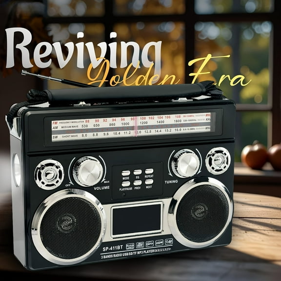 RIDWIND Portable 3-Band Radio with Wireless, Solar Panel, LED Flashlight, Retro Speaker, AM/FM/SW Receiver with MP3, AUX/TF/SD, Telescopic Antenna, Ideal for Camping ,Black 1PC
