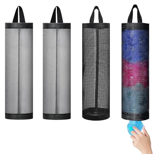 4 Pcs Plastic Bag Holder for Grocery Bags,Hanging Storage Bags Plastic Mesh Bags Dispenser Organizer Trash Bags Grocery Shopping Bag Holder for Home And Kitchen (2 Black 2 Grey)
