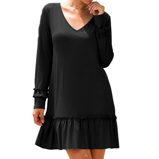 Vestido con cuello en V Color puro Manga larga Volantes Suelto Vestido casual de mujer para vacaciones Club Fecha Trabajo Vacaciones Negro XL