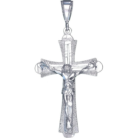 Sterling Silver Cross with Jesus Pendant Necklace Diamond Cut Finish and Chain