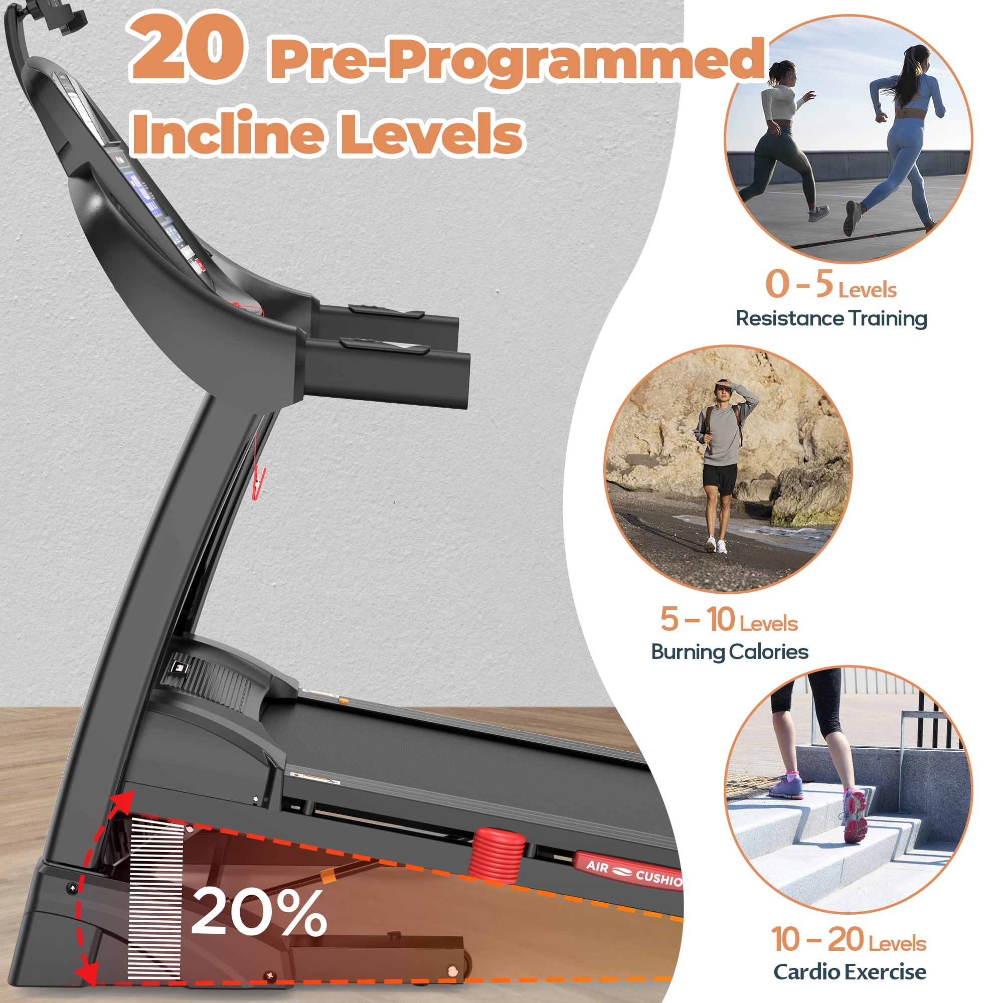 4.5HP Foldable Treadmill with 15 Levels Auto Incline, Portable Treadmill for Home Use, 300lbs Capacity, 64+3+3+1 Programs, 10MPH Speed, HiFi Bluetooth Speakers, Smart APP Control, Knee Strap Gift