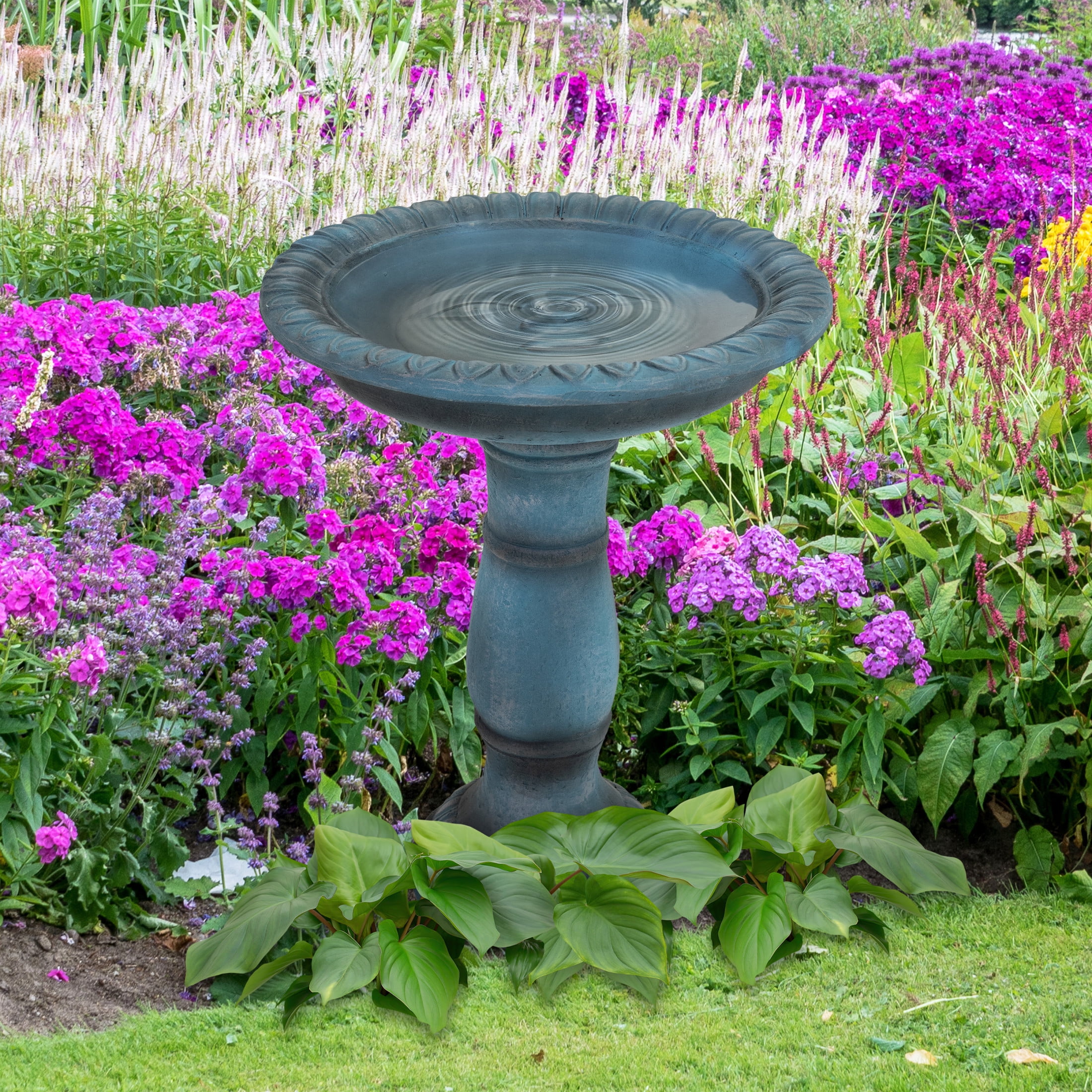 Sunnydaze Facade du Soleil Freestanding Glass Fiber Reinforced Concrete Outdoor Bird Bath, Green
