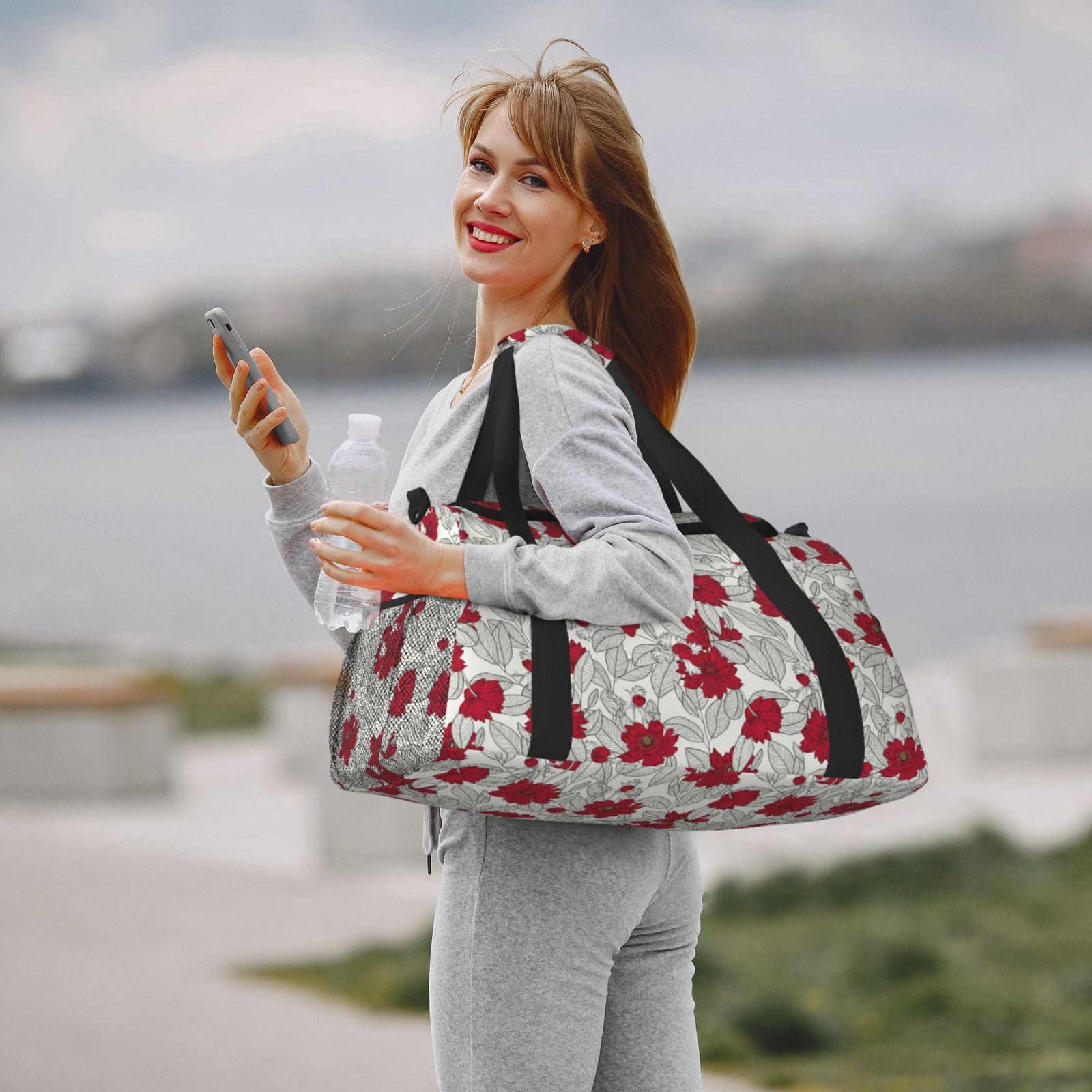 Fuzoiu Leaves And Anemone Flowers In Red Grey Print Travel Duffle Bag,Carry On Tote Bags,Duffel Bag,Sport Gym Bag, Hospital Bag for Labor and Delivery, Overnight Bag,Luggage Bag