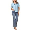thumbnail image 2 of Camisa Chambray INSPIRE CHIC para mujer con cuello Peter Pan, mangas abullonadas, blusa de mezclilla vintage en azul Beau, 2 of 6