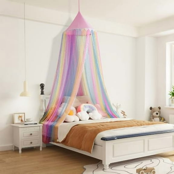 Rainbow Canopy for Girls Room, Princess Bed Canopy for Kids and Toddler, Crib Canopy for Baby, Round Dome & Sequin Netting