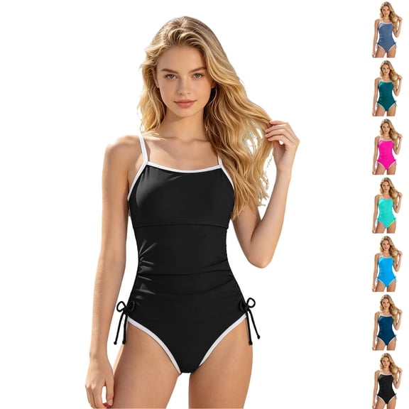 Bigetiay One Piece Swimsuit for Girls Classic Spaghetti Strap Ruched Swimwear with Drawstring Girl Bathing Suit 13-14 Years