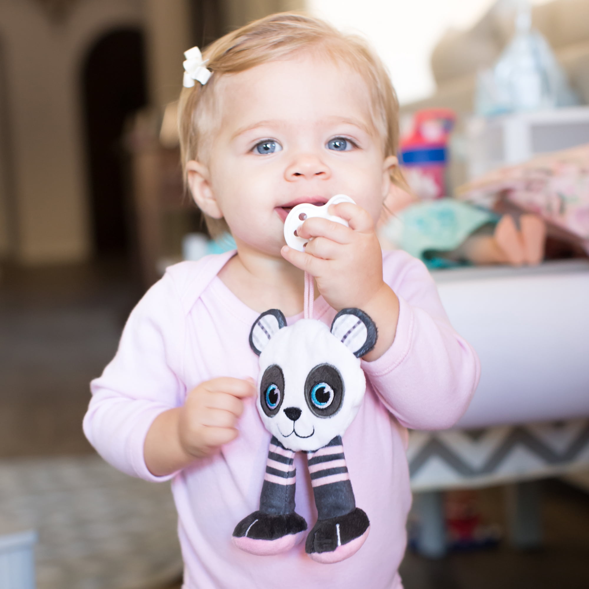 BooginHead Universal Pacifier Holder Stuffed Animal, Infant Toddler Boys and Girls, Pink Panda